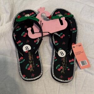 Juicy Couture Black Cherry Rhinestone Trim Flip Flops with Green Bow